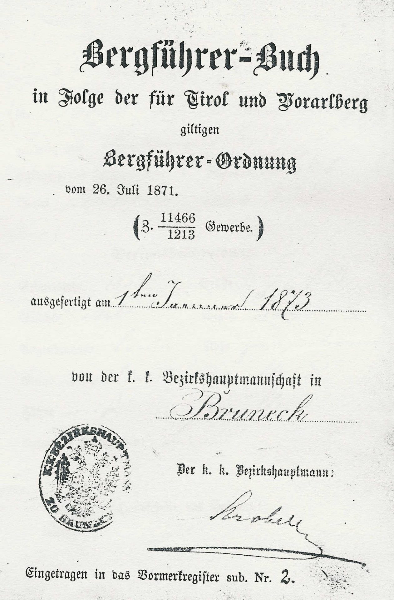 Bergführerbuch 1873 I Berge erleben © Archiv Ingrid Beikircher