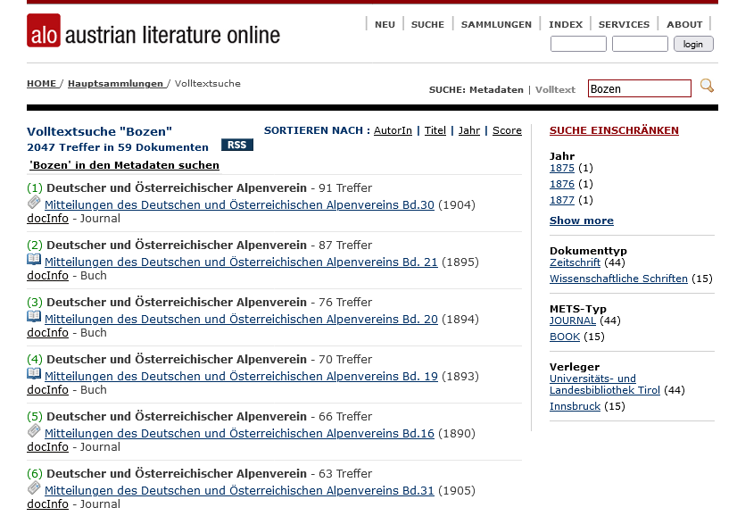 Screenshot Austrian Literature Online Suche